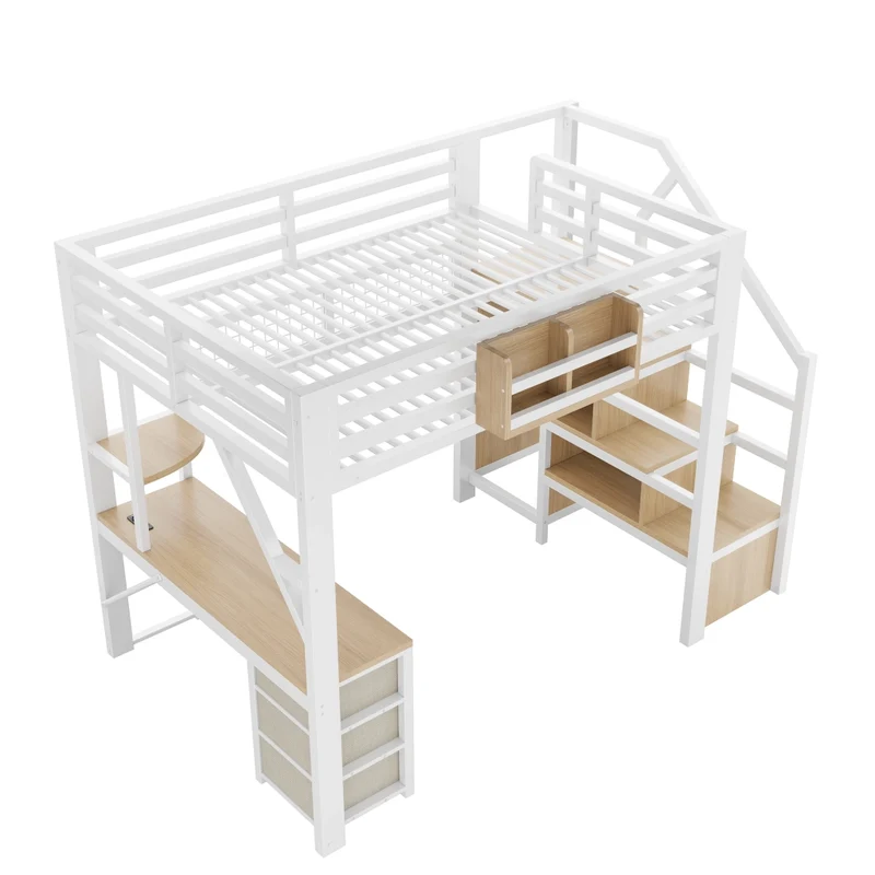 Letto a soppalco 140x200 cm in metallo bianco con scrivania; contenitori; armadio e luci LED