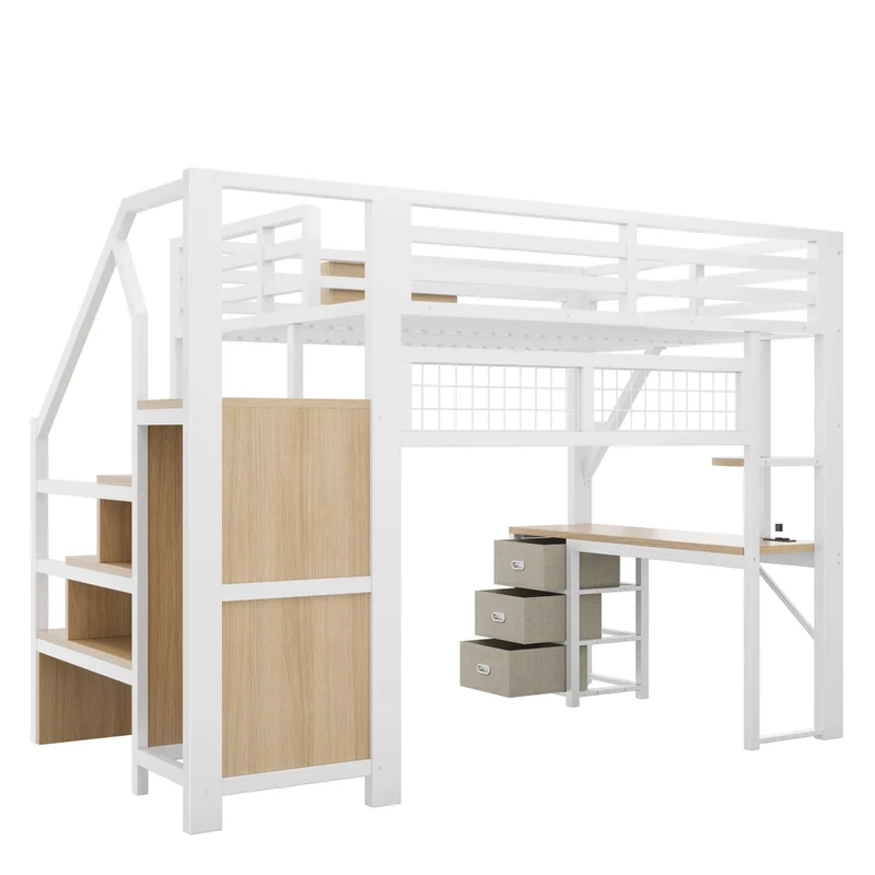 Letto a soppalco 140x200 cm in metallo bianco con scrivania; contenitori; armadio e luci LED