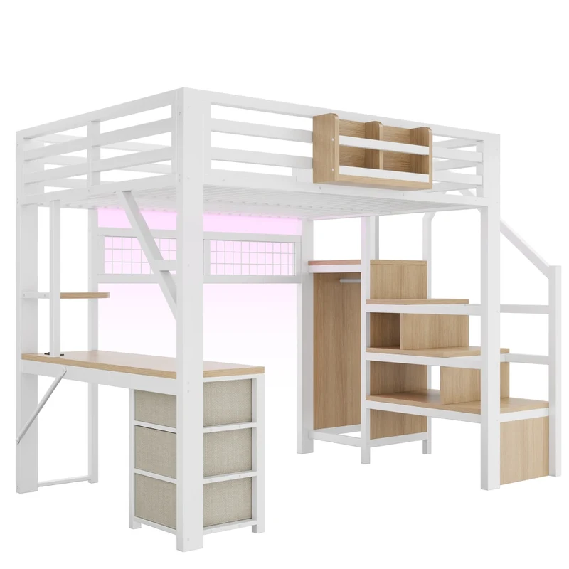 Letto a soppalco 140x200 cm in metallo bianco con scrivania; contenitori; armadio e luci LED