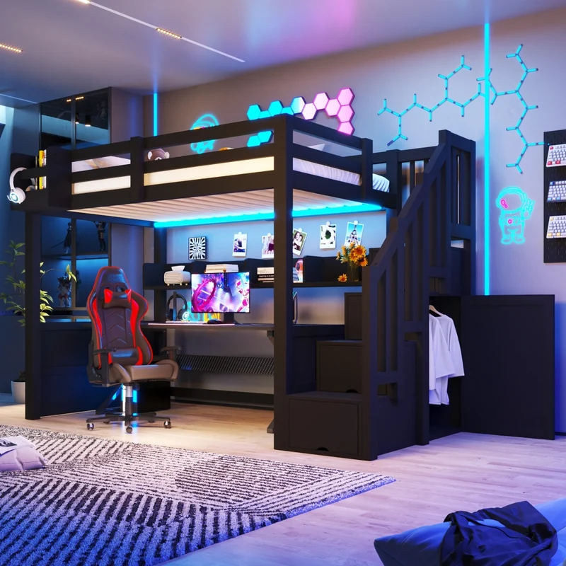Letto a soppalco 90x200 in legno con scala contenitore e illuminazione LED; nero