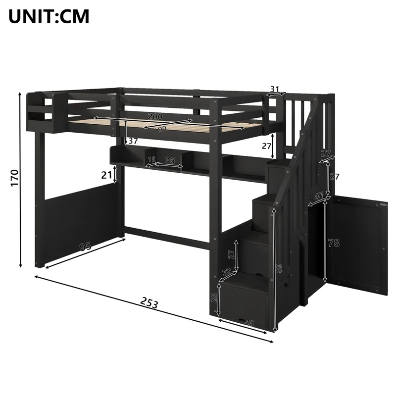Letto a soppalco 90x200 in legno con scala contenitore e illuminazione LED; nero