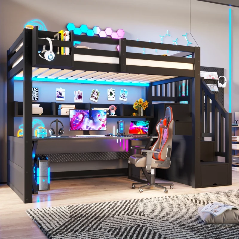 Letto a soppalco 90x200 in legno con scala contenitore e illuminazione LED; nero