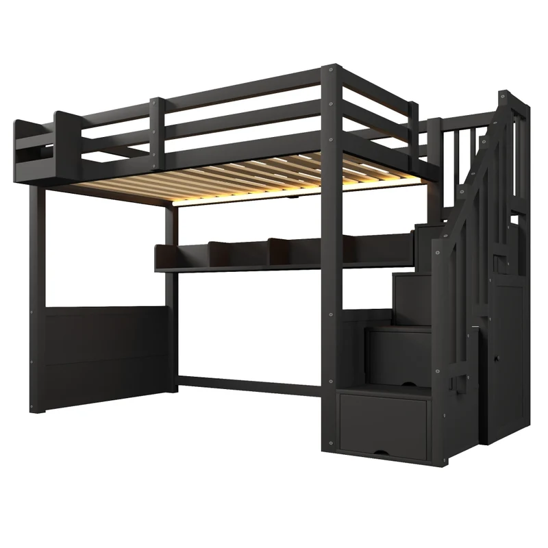 Letto a soppalco 90x200 in legno con scala contenitore e illuminazione LED; nero