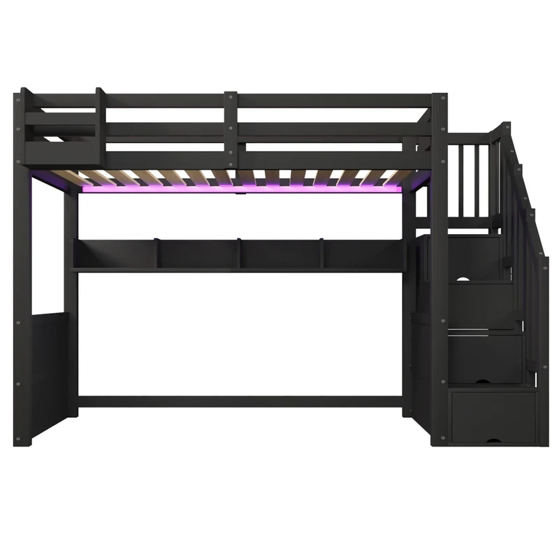 Letto a soppalco 90x200 in legno con scala contenitore e illuminazione LED; nero