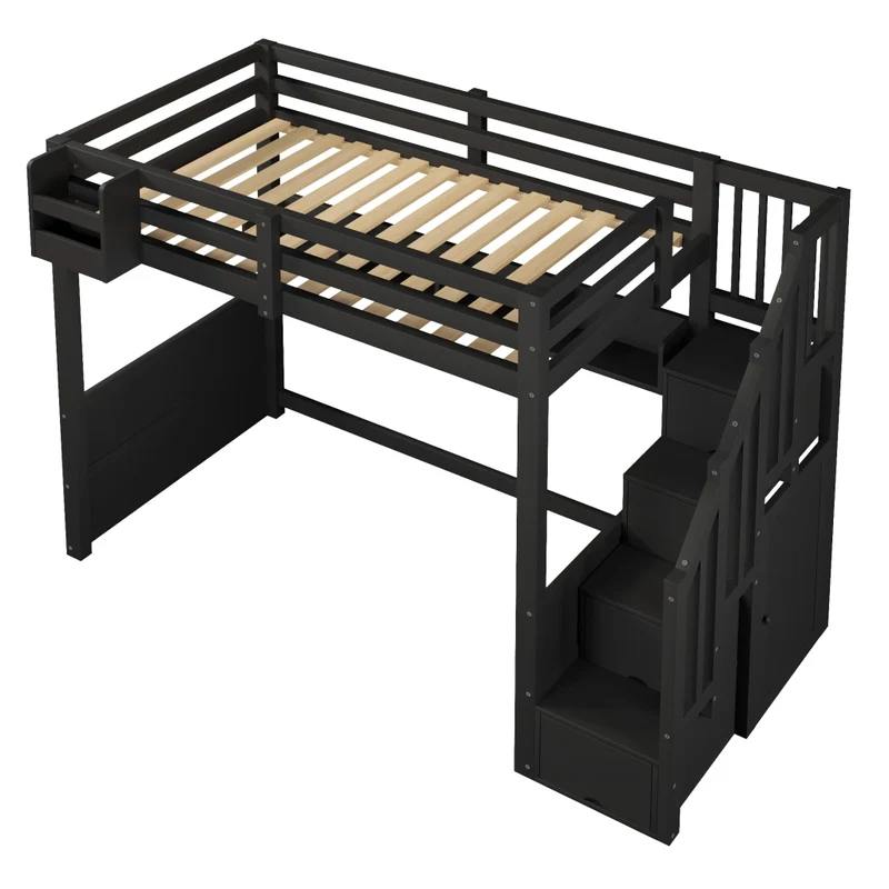Letto a soppalco 90x200 in legno con scala contenitore e illuminazione LED; nero