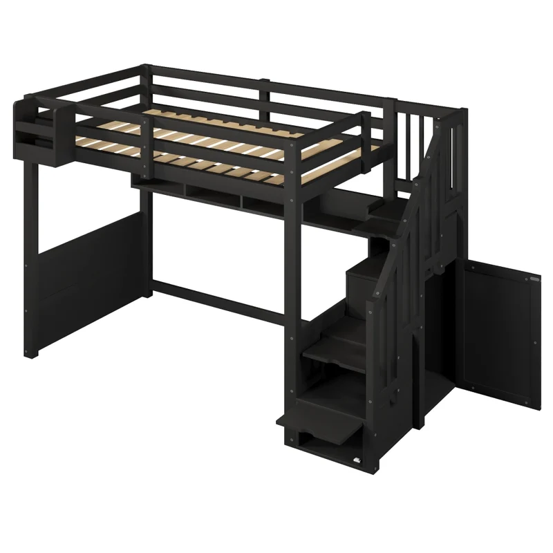 Letto a soppalco 90x200 in legno con scala contenitore e illuminazione LED; nero
