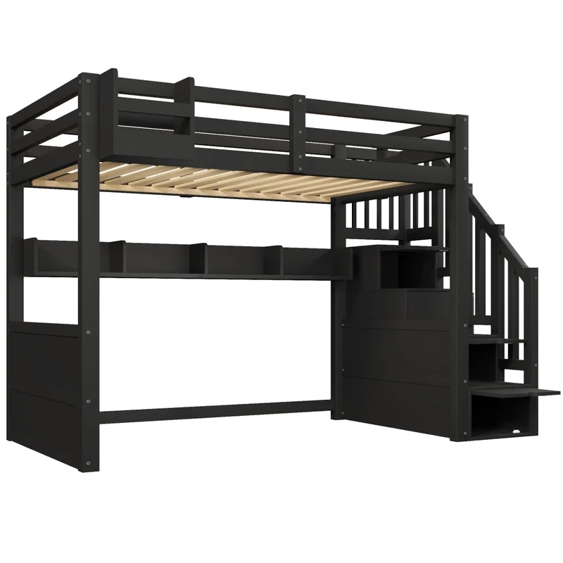 Letto a soppalco 90x200 in legno con scala contenitore e illuminazione LED; nero