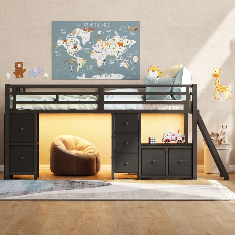 Letto rialzato per bambini 90x200 con 7 cassetti; luci LED; protezioni e struttura nera