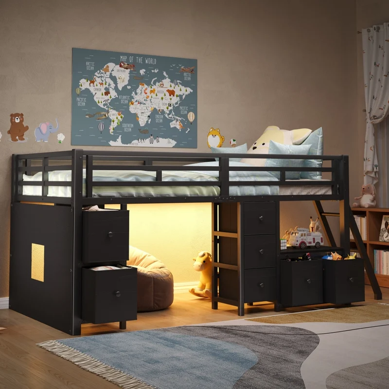 Letto rialzato per bambini 90x200 con 7 cassetti; luci LED; protezioni e struttura nera