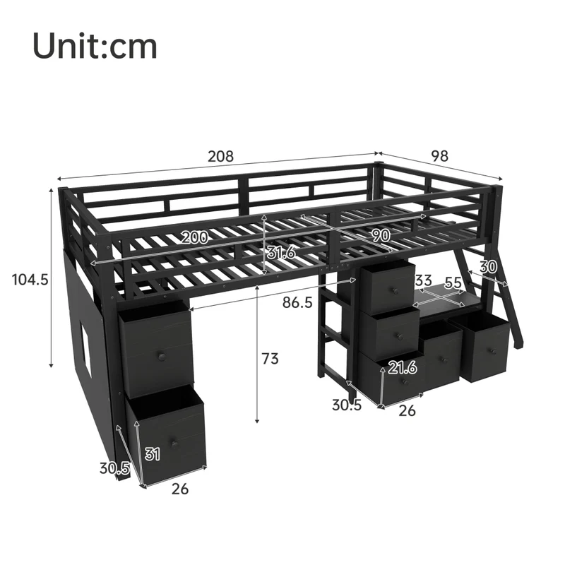 Letto rialzato per bambini 90x200 con 7 cassetti; luci LED; protezioni e struttura nera