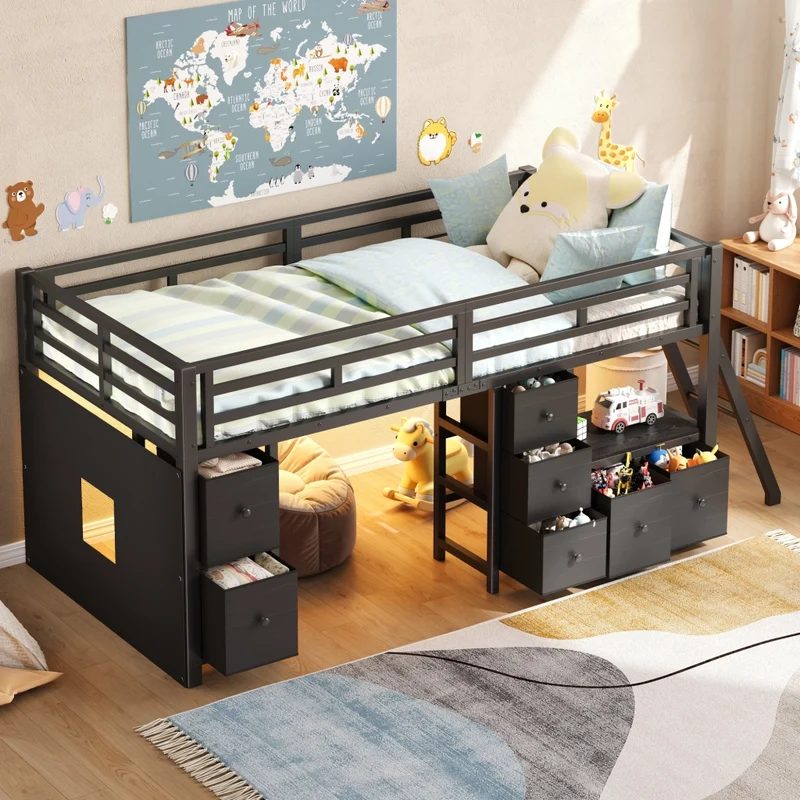 Letto rialzato per bambini 90x200 con 7 cassetti; luci LED; protezioni e struttura nera