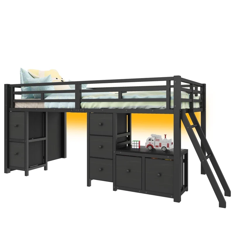 Letto rialzato per bambini 90x200 con 7 cassetti; luci LED; protezioni e struttura nera
