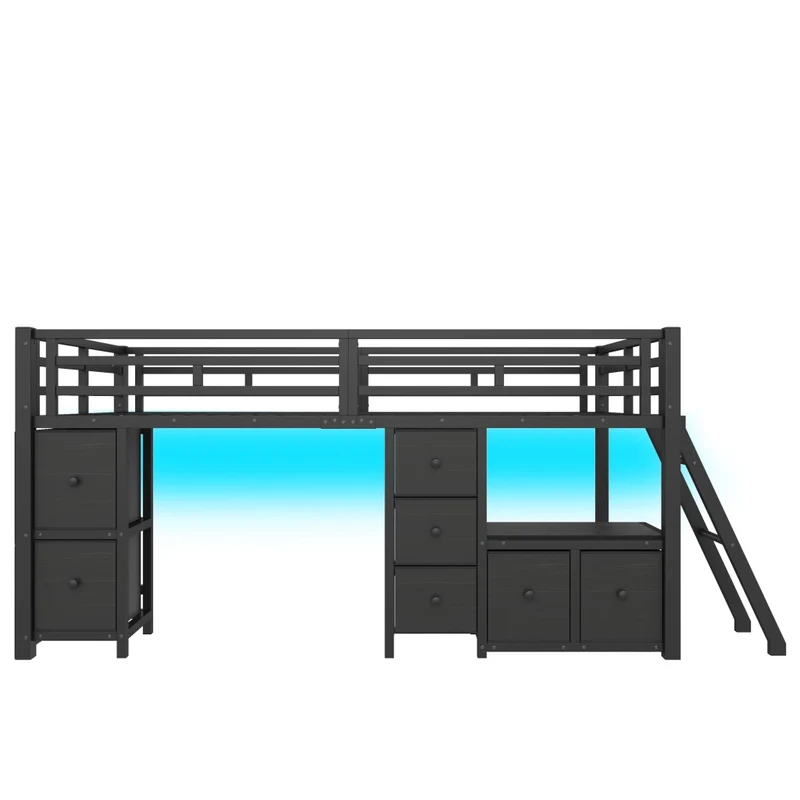 Letto rialzato per bambini 90x200 con 7 cassetti; luci LED; protezioni e struttura nera