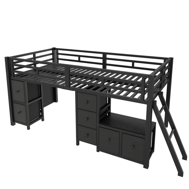 Letto rialzato per bambini 90x200 con 7 cassetti; luci LED; protezioni e struttura nera