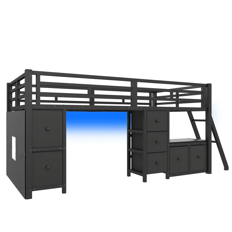 Letto rialzato per bambini 90x200 con 7 cassetti; luci LED; protezioni e struttura nera