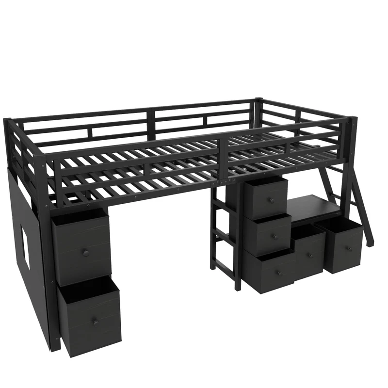 Letto rialzato per bambini 90x200 con 7 cassetti; luci LED; protezioni e struttura nera