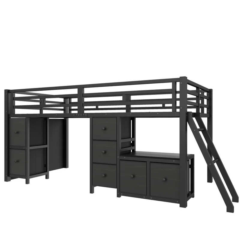 Letto rialzato per bambini 90x200 con 7 cassetti; luci LED; protezioni e struttura nera