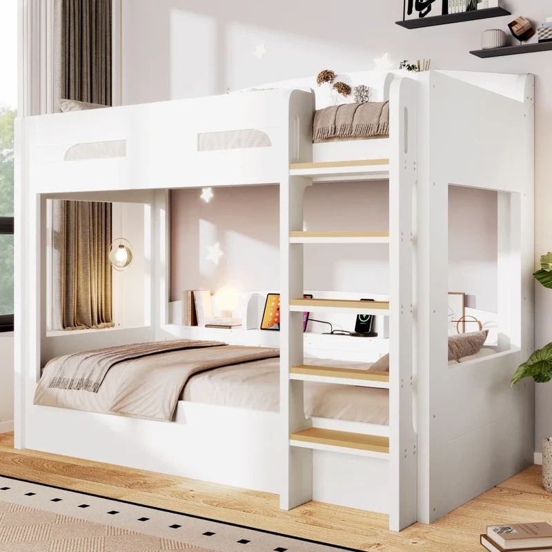 Letto a castello 90x200 cm con letto estraibile; ripiani e presa USB; bianco
