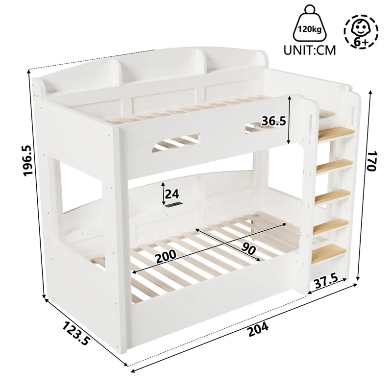 Letto a castello 90x200 cm con letto estraibile; ripiani e presa USB; bianco