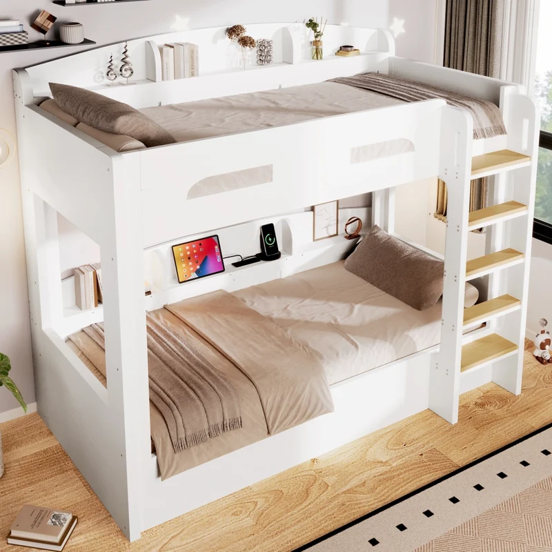 Letto a castello 90x200 cm con letto estraibile; ripiani e presa USB; bianco