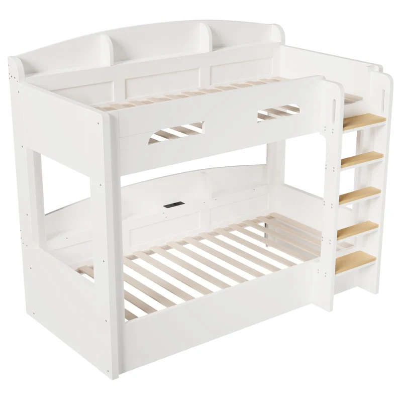 Letto a castello 90x200 cm con letto estraibile; ripiani e presa USB; bianco