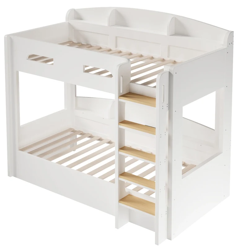 Letto a castello 90x200 cm con letto estraibile; ripiani e presa USB; bianco