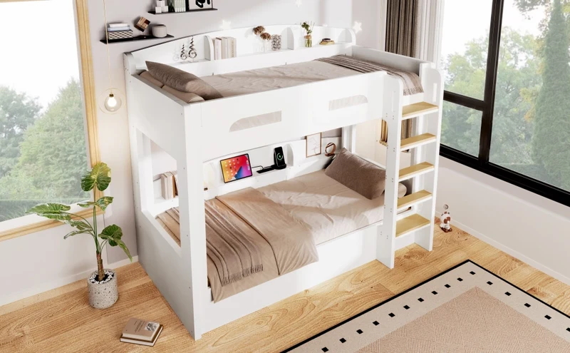 Letto a castello 90x200 cm con letto estraibile; ripiani e presa USB; bianco
