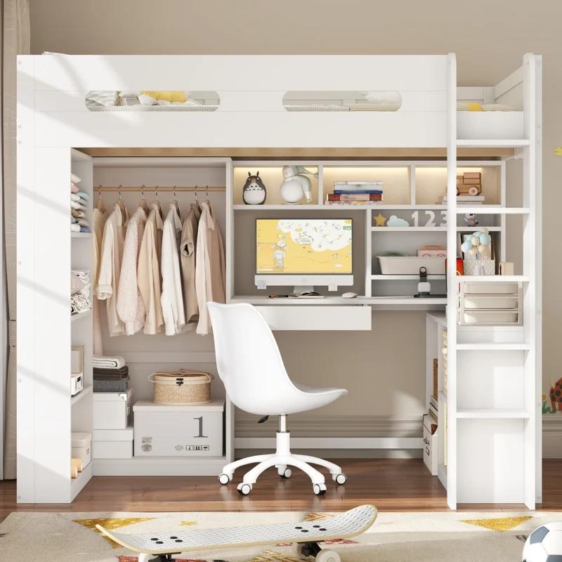 Letto rialzato 90x200 cm con scrivania integrata; armadio aperto; LED e USB; bianco