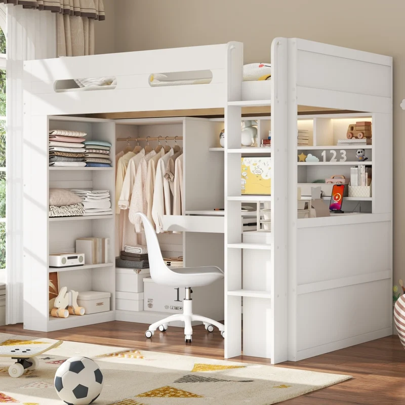 Letto rialzato 90x200 cm con scrivania integrata; armadio aperto; LED e USB; bianco