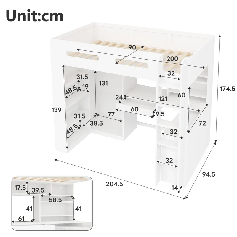 Letto rialzato 90x200 cm con scrivania integrata; armadio aperto; LED e USB; bianco