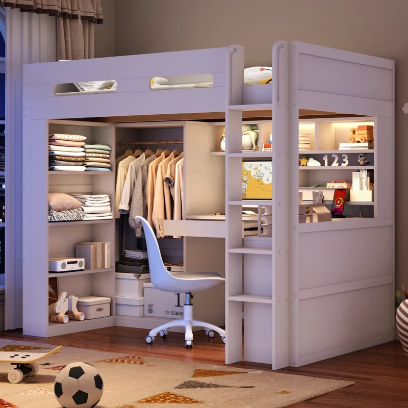 Letto rialzato 90x200 cm con scrivania integrata; armadio aperto; LED e USB; bianco