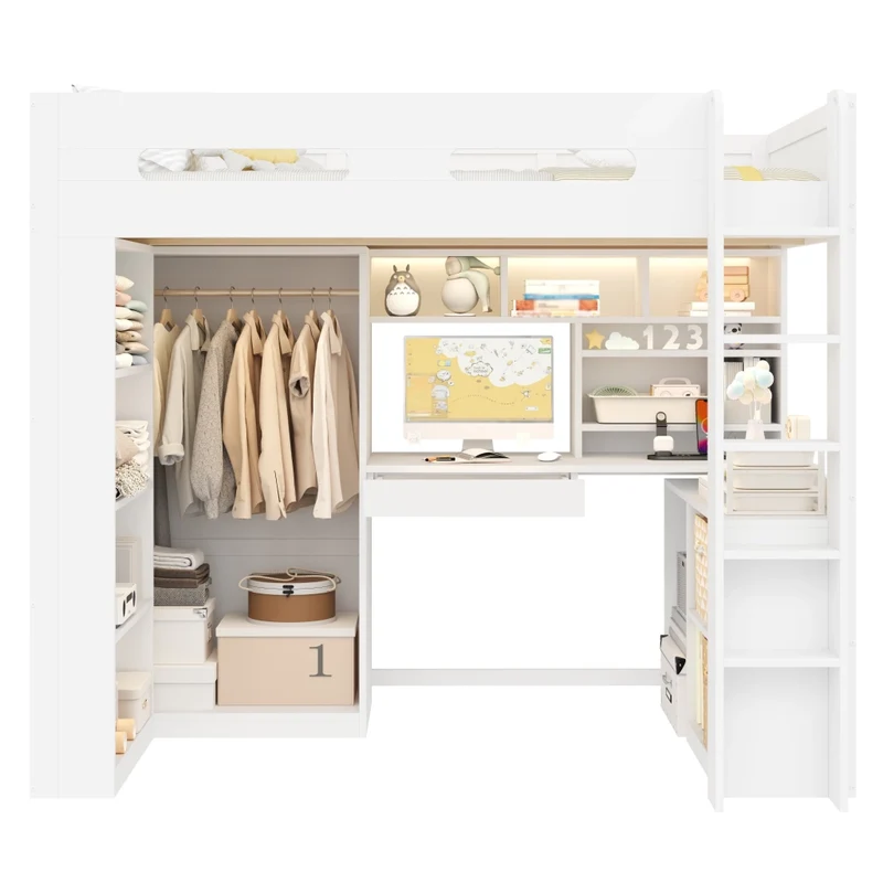 Letto rialzato 90x200 cm con scrivania integrata; armadio aperto; LED e USB; bianco