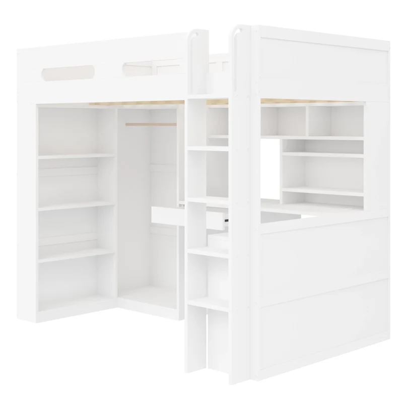 Letto rialzato 90x200 cm con scrivania integrata; armadio aperto; LED e USB; bianco