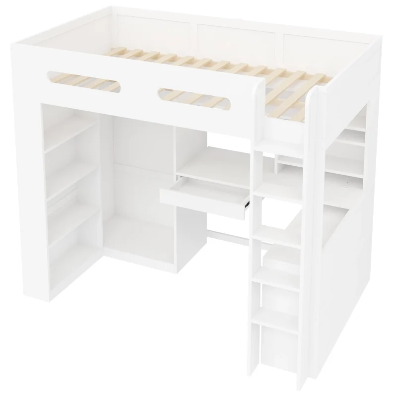 Letto rialzato 90x200 cm con scrivania integrata; armadio aperto; LED e USB; bianco