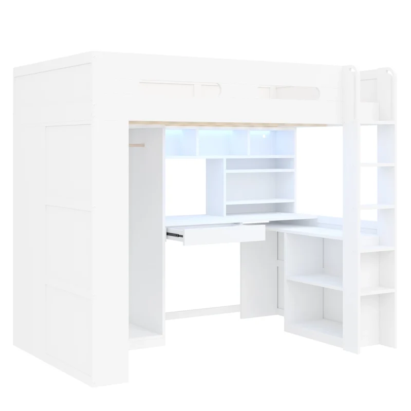 Letto rialzato 90x200 cm con scrivania integrata; armadio aperto; LED e USB; bianco
