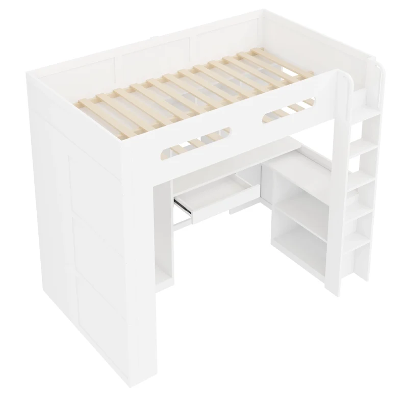 Letto rialzato 90x200 cm con scrivania integrata; armadio aperto; LED e USB; bianco