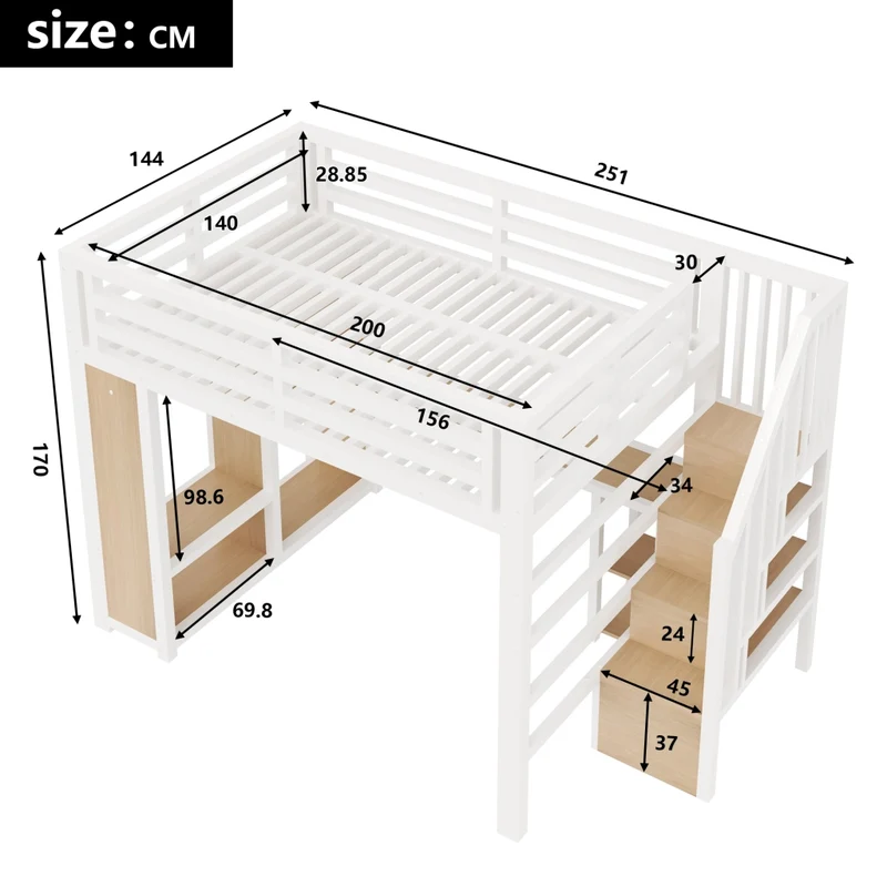 Letto a soppalco in metallo 140x200 cm bianco con scrivania; scala contenitore; armadio aperto; LED e USB