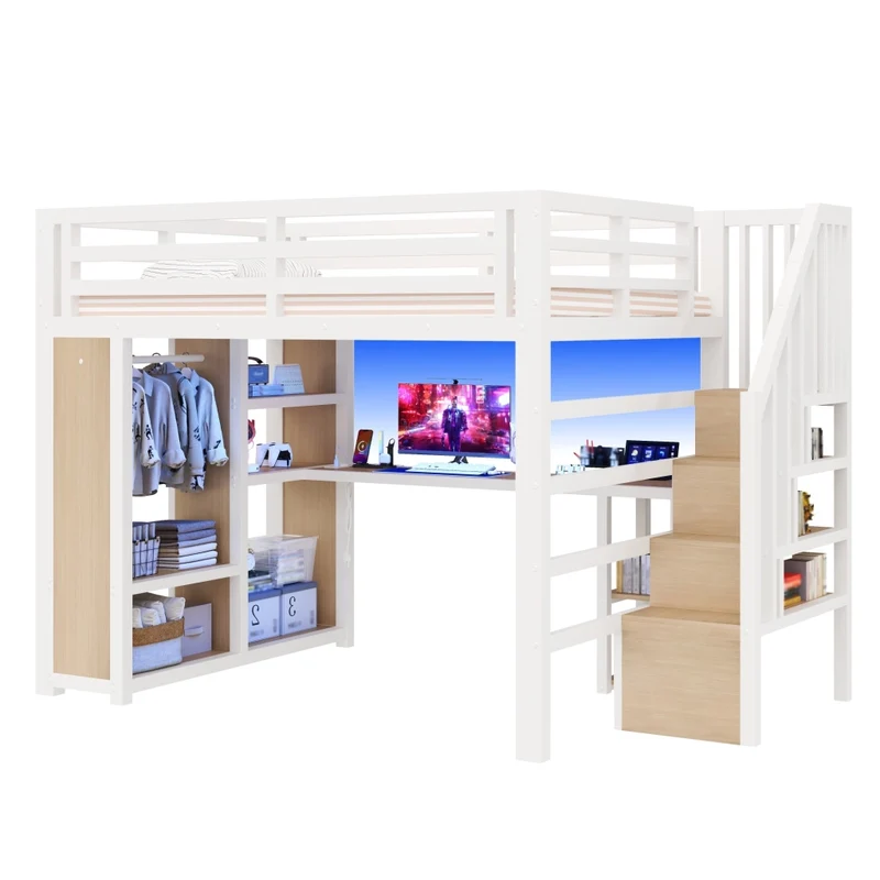 Letto a soppalco in metallo 140x200 cm bianco con scrivania; scala contenitore; armadio aperto; LED e USB