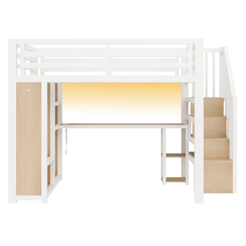 Letto a soppalco in metallo 140x200 cm bianco con scrivania; scala contenitore; armadio aperto; LED e USB