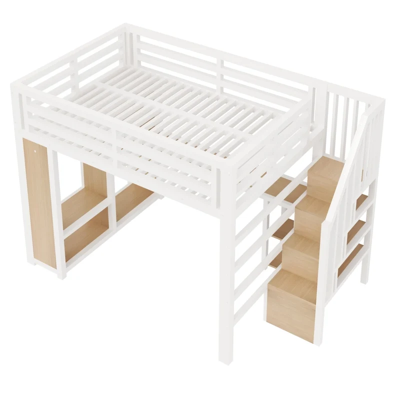 Letto a soppalco in metallo 140x200 cm bianco con scrivania; scala contenitore; armadio aperto; LED e USB