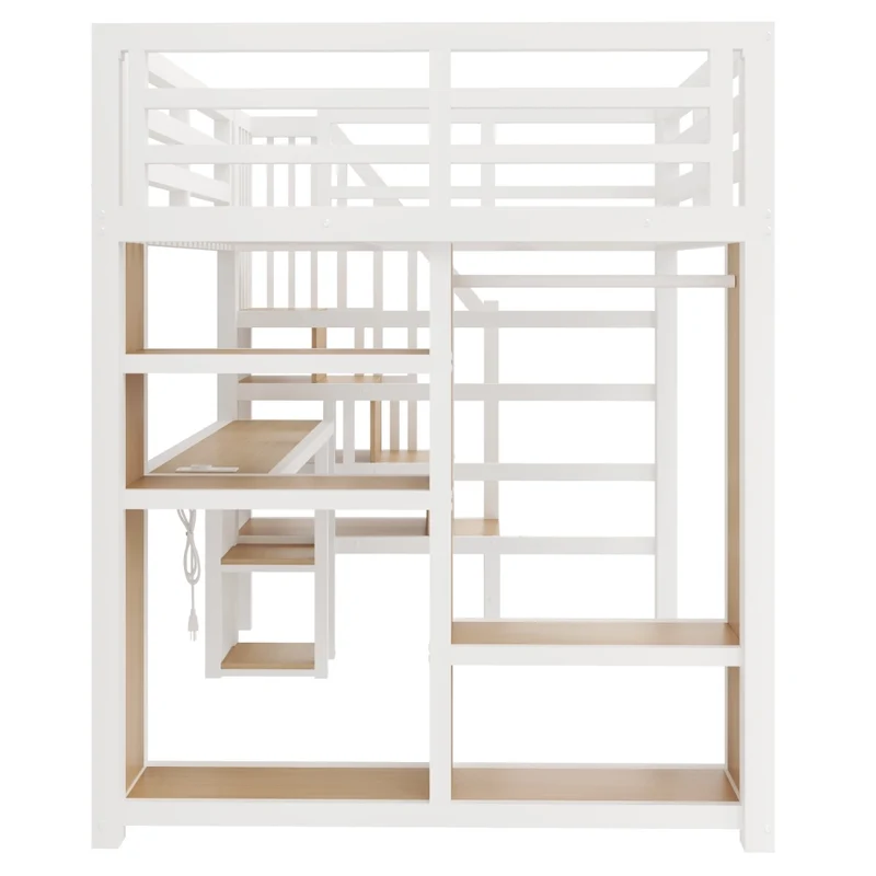 Letto a soppalco in metallo 140x200 cm bianco con scrivania; scala contenitore; armadio aperto; LED e USB