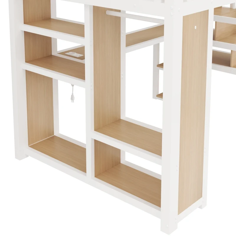 Letto a soppalco in metallo 140x200 cm bianco con scrivania; scala contenitore; armadio aperto; LED e USB