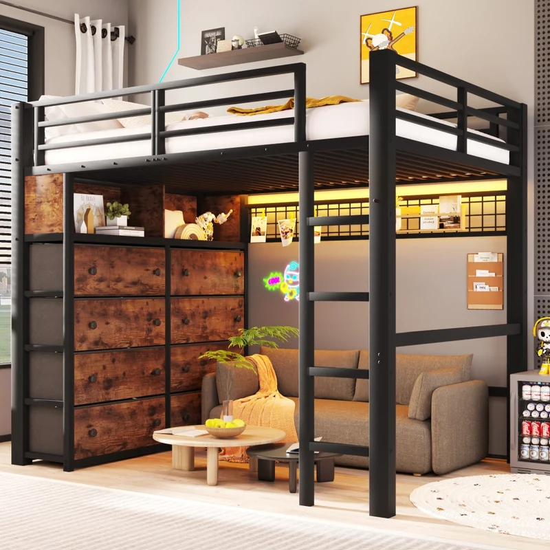 Letto a soppalco 140x200 in metallo nero con 8 cassetti; LED a 7 colori e scala fissa