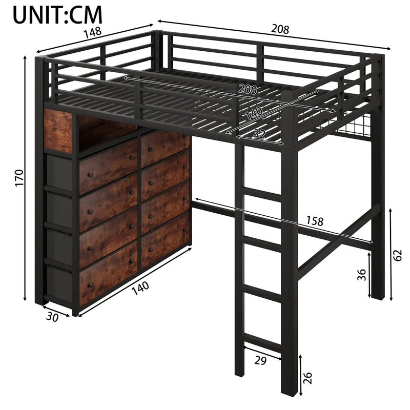 Letto a soppalco 140x200 in metallo nero con 8 cassetti; LED a 7 colori e scala fissa