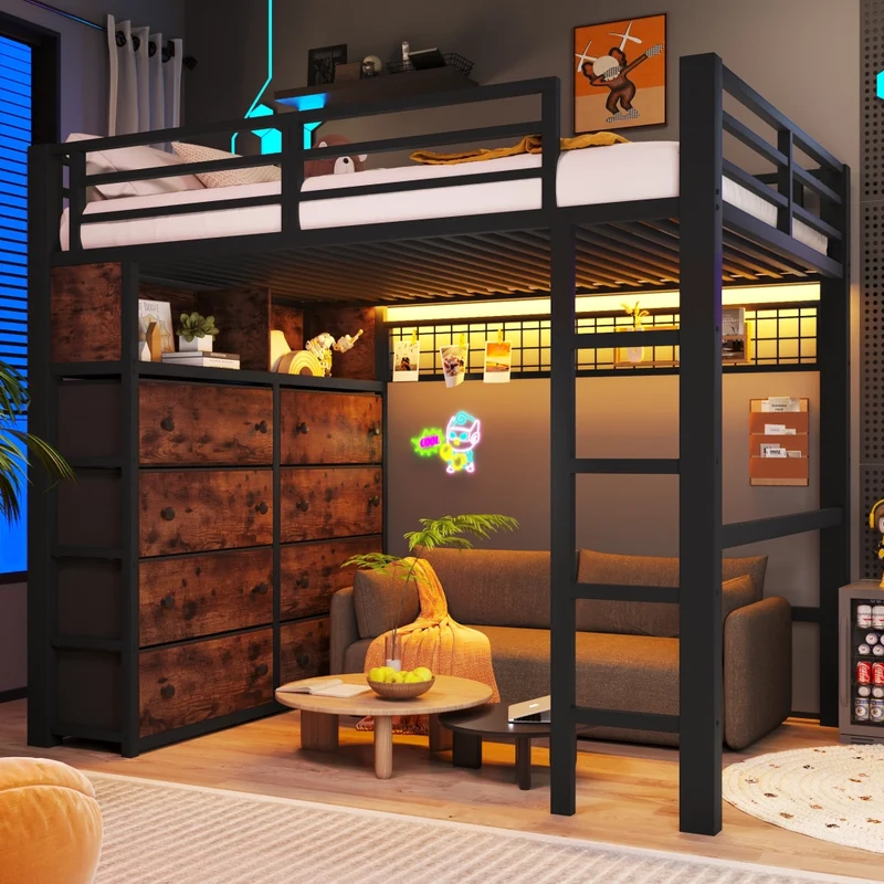Letto a soppalco 140x200 in metallo nero con 8 cassetti; LED a 7 colori e scala fissa