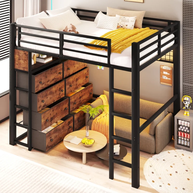 Letto a soppalco 140x200 in metallo nero con 8 cassetti; LED a 7 colori e scala fissa