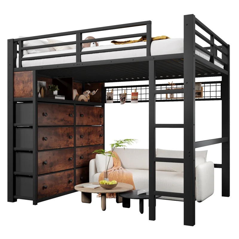 Letto a soppalco 140x200 in metallo nero con 8 cassetti; LED a 7 colori e scala fissa
