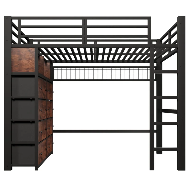 Letto a soppalco 140x200 in metallo nero con 8 cassetti; LED a 7 colori e scala fissa