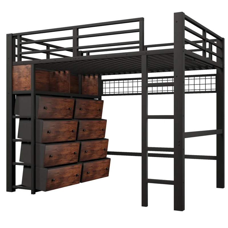 Letto a soppalco 140x200 in metallo nero con 8 cassetti; LED a 7 colori e scala fissa