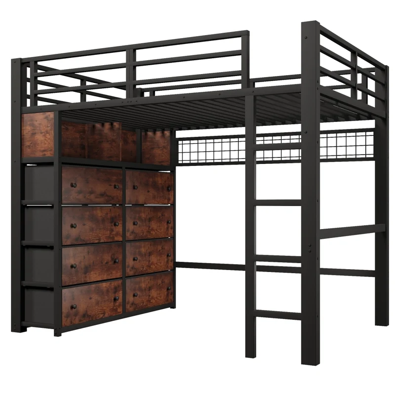 Letto a soppalco 140x200 in metallo nero con 8 cassetti; LED a 7 colori e scala fissa